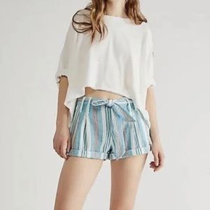 Free People Barbados Bloom Cotton Striped Rolled Waist Bow Shorts Blue White